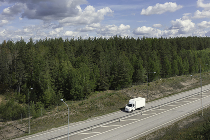 Delivery truck driving on highway